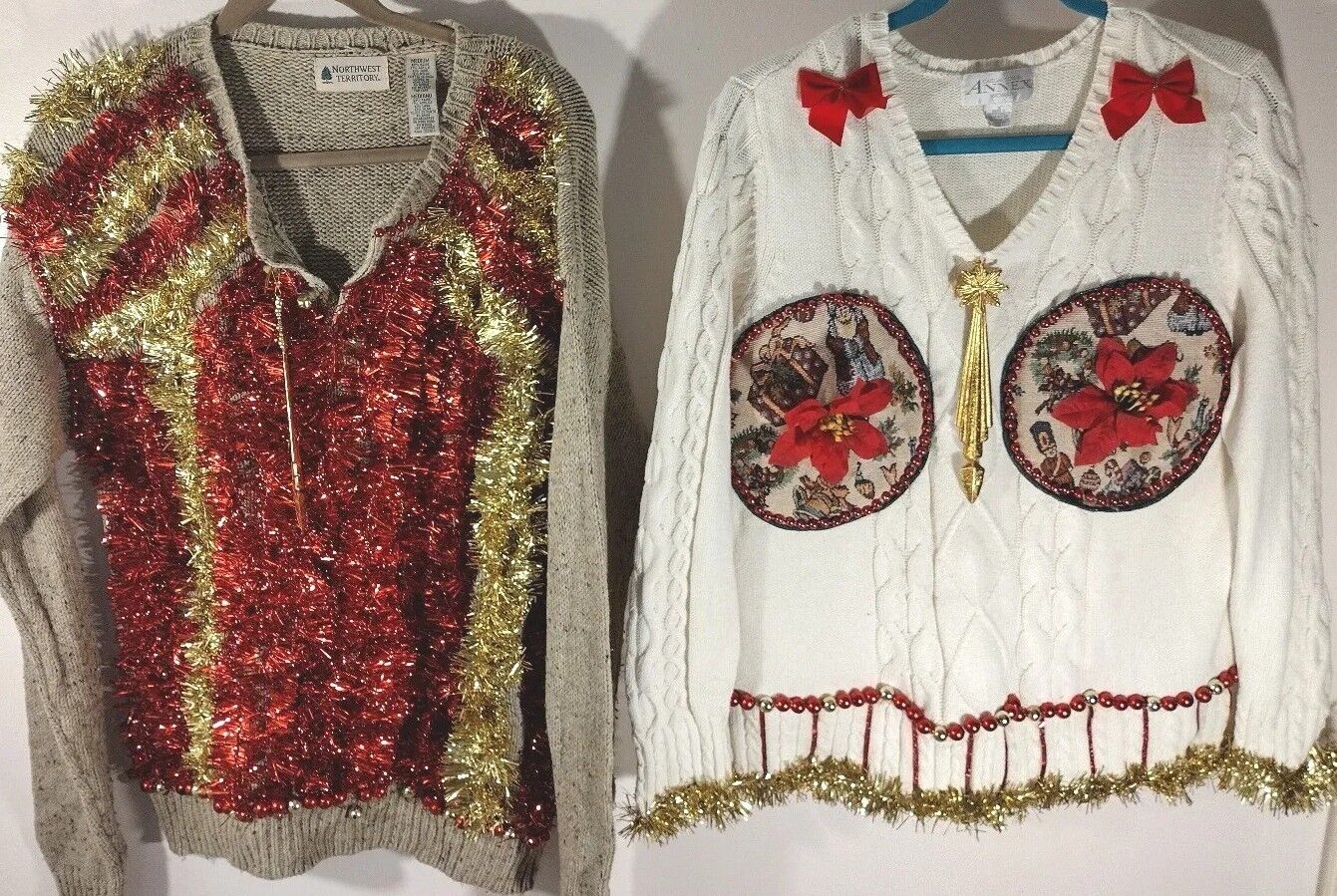 Couples His & Her Vtg Ugly Christmas Sweater Contest Winner Blingy OOAK Gold Red