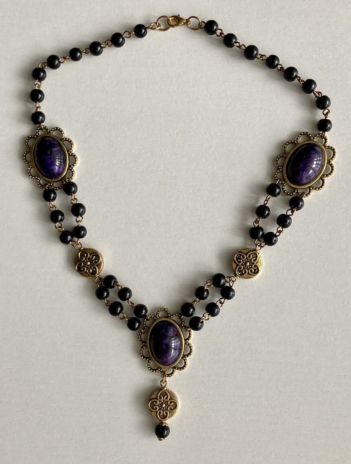 Victorian Renaissance Like Purple Black Gold Round Bead 14” Ladies Y Necklace