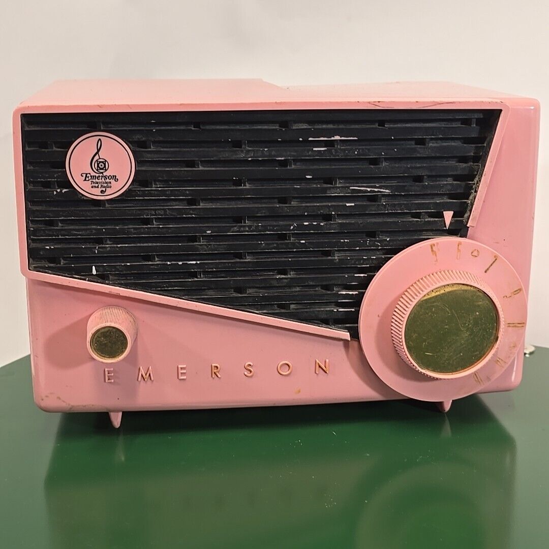 1957 Emerson Model 870B Pink Table Top 5 Tube Radio Restorative MCM Deco Display
