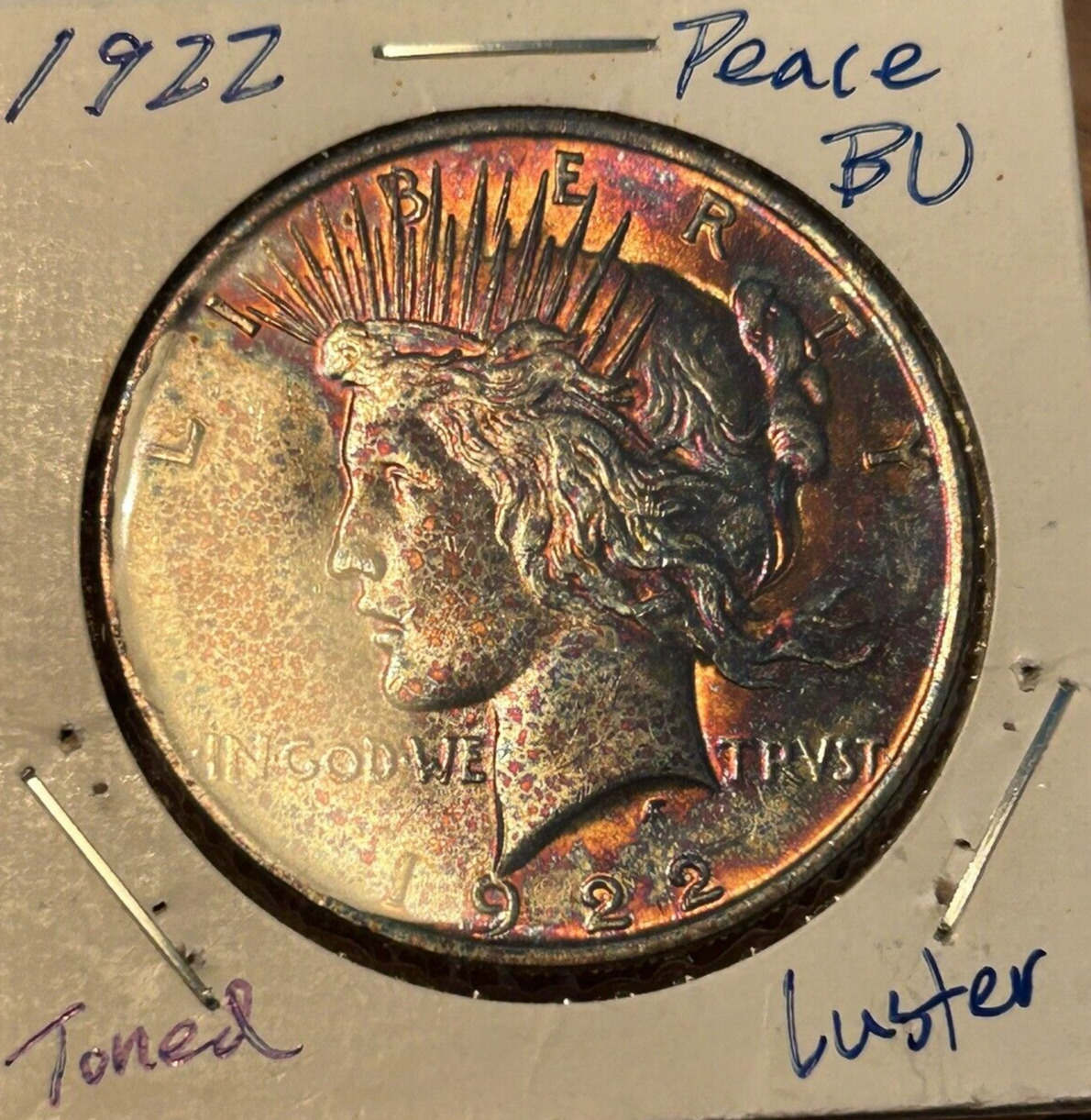 1922 Knockout Silver Peace Dollar BU+ 💎 Luster 🌈 Gold Indigo Violet Toning 57A