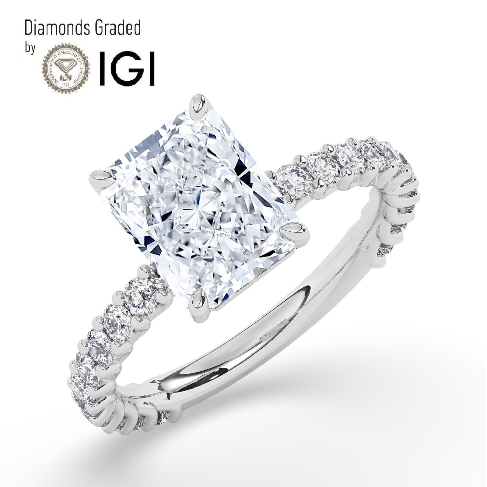 IGI, 3 CT, Solitaire Lab-Grown Radiant Diamond Engagement Ring, 18K White Gold