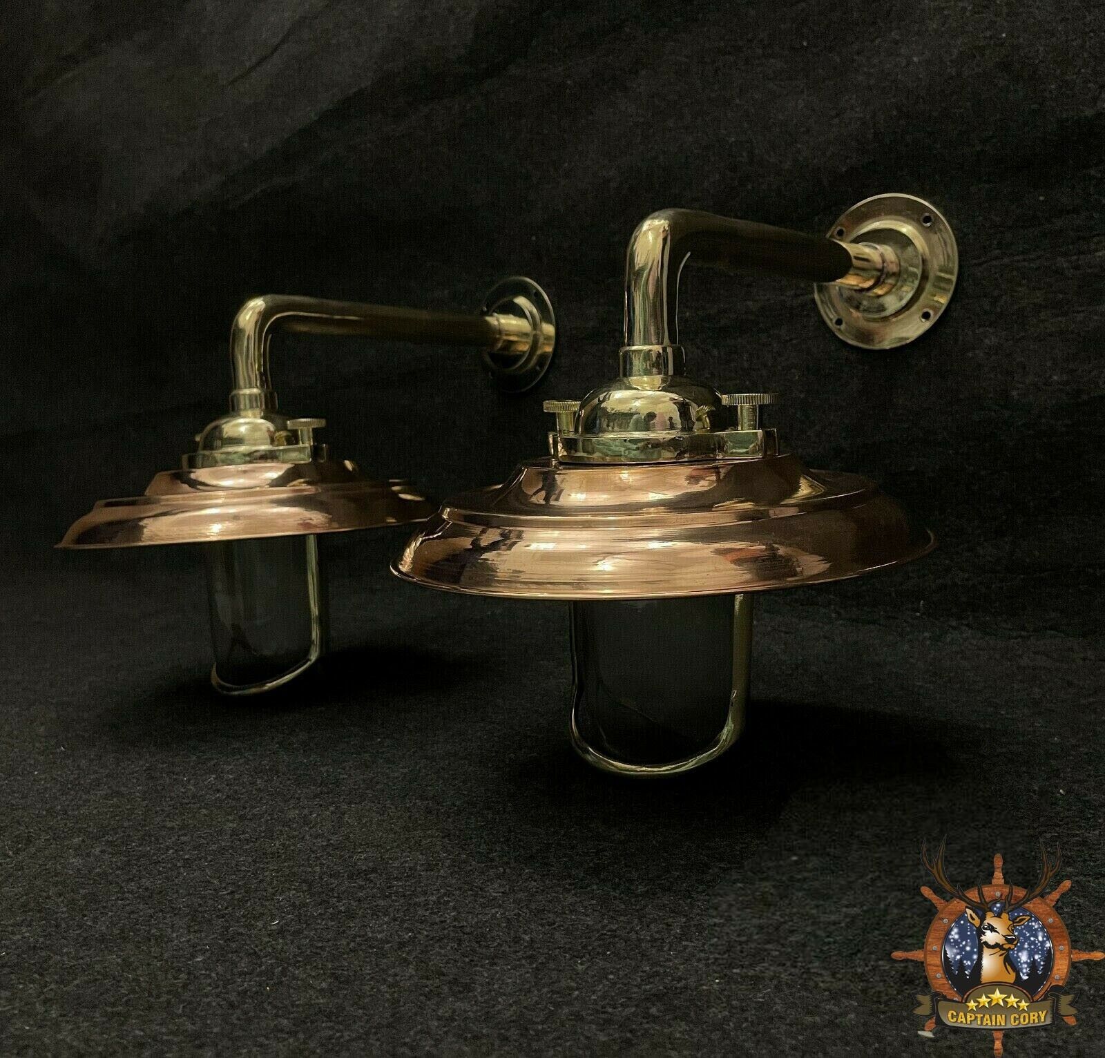 Pair of 2 Maritime Antique Brass Swan Neck Wall Sconce Light With Copper Shade