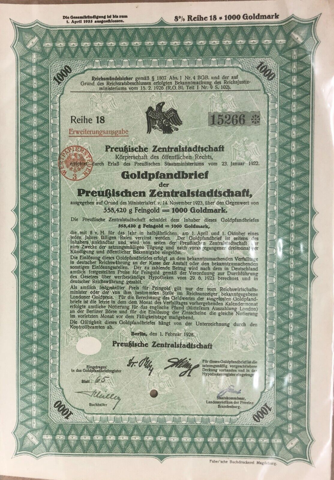 1928 German  8 % BOND Goldpfandbrief 1000 Goldmark #15266