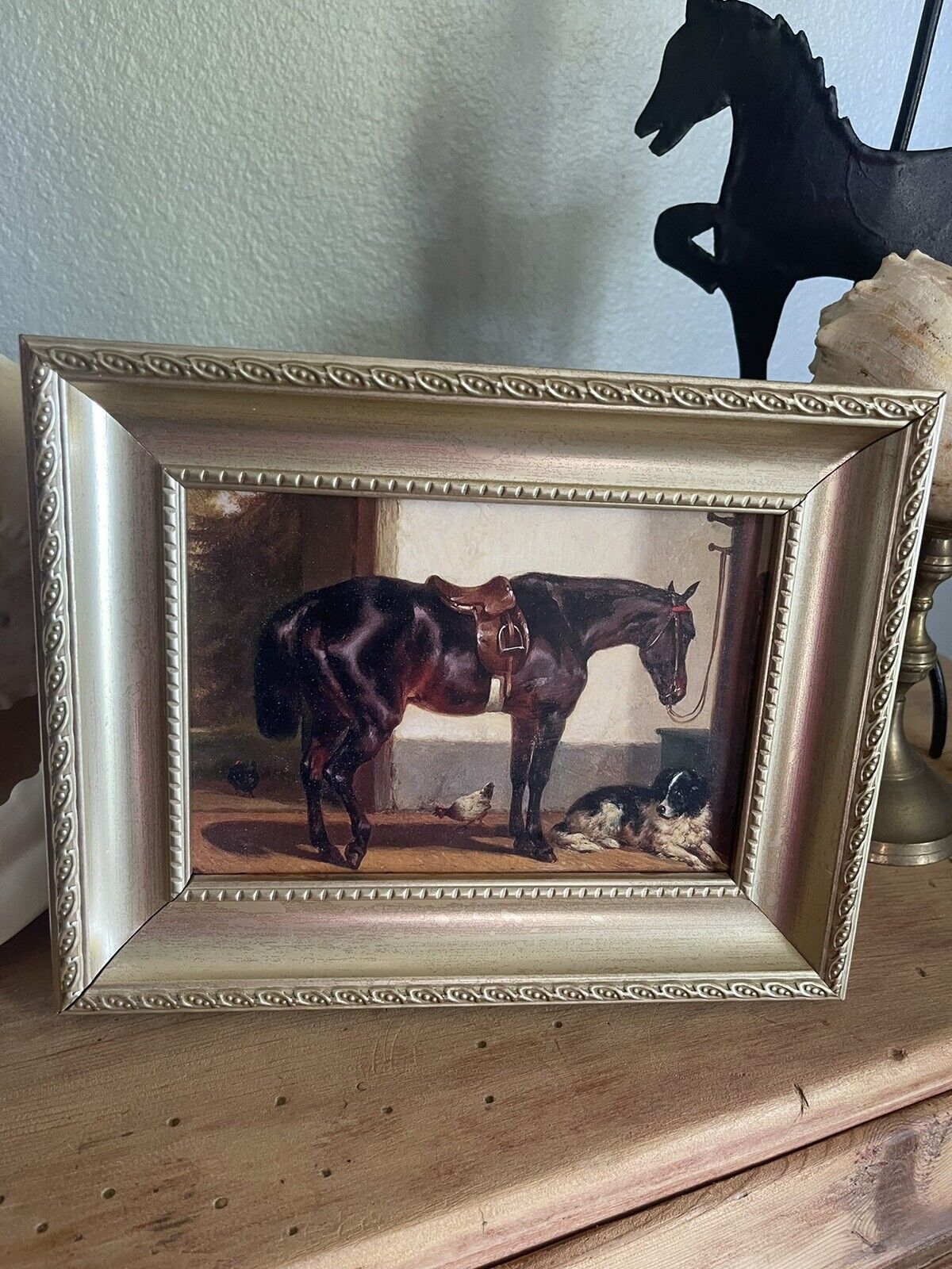 Vintage Style Brown Horse/ Gold Framed/Texture Print Art