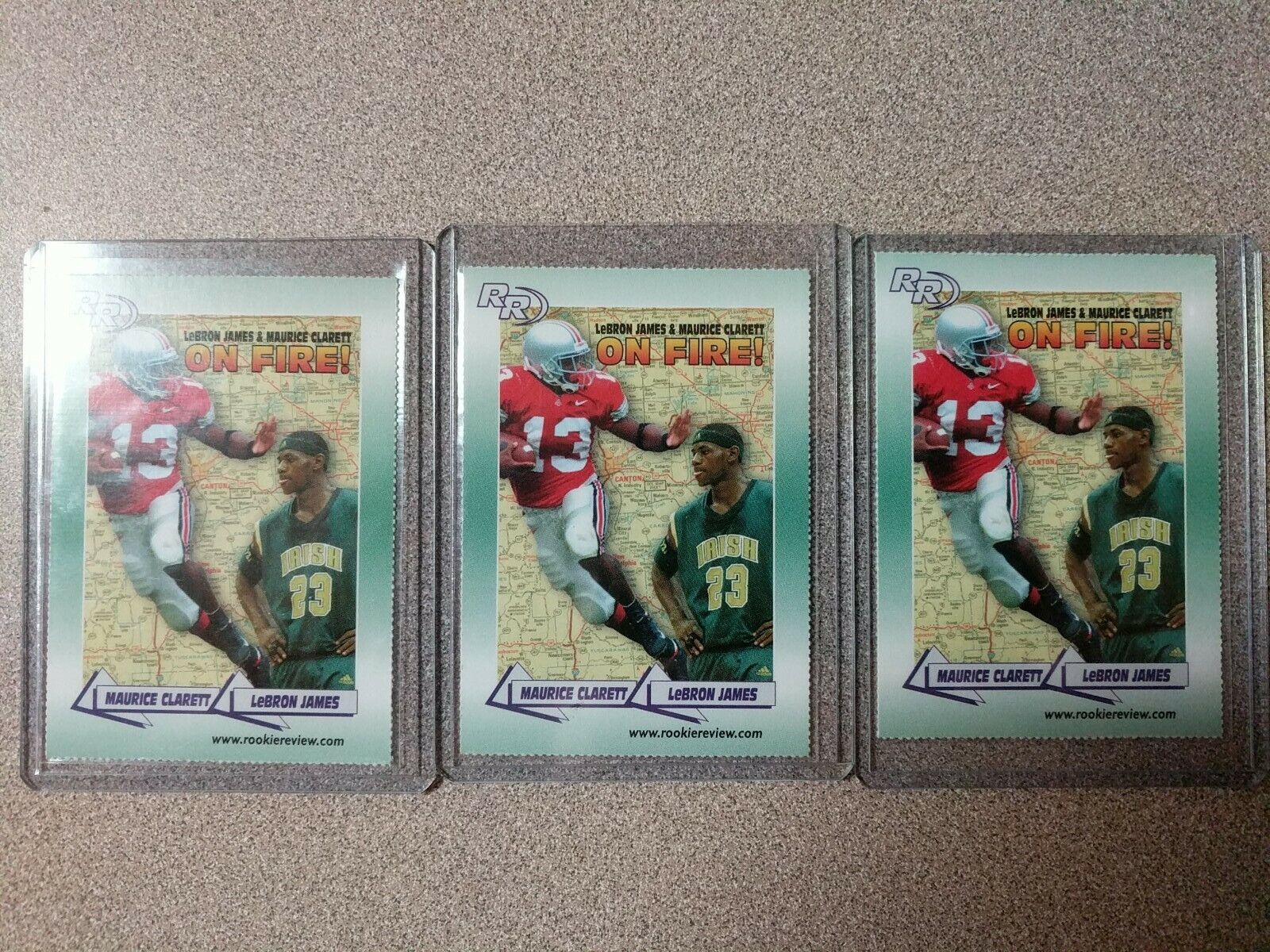 (3) Lebron James / Maurice Clarett 2002 Rookie Review On Fire Rookie Card  #36