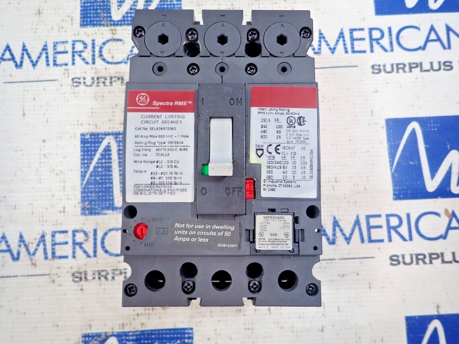 GE SELA36AT0060 60 Amp 3 Pole 600 Volt Circuit Breaker SRPE60A60 Rating Plug