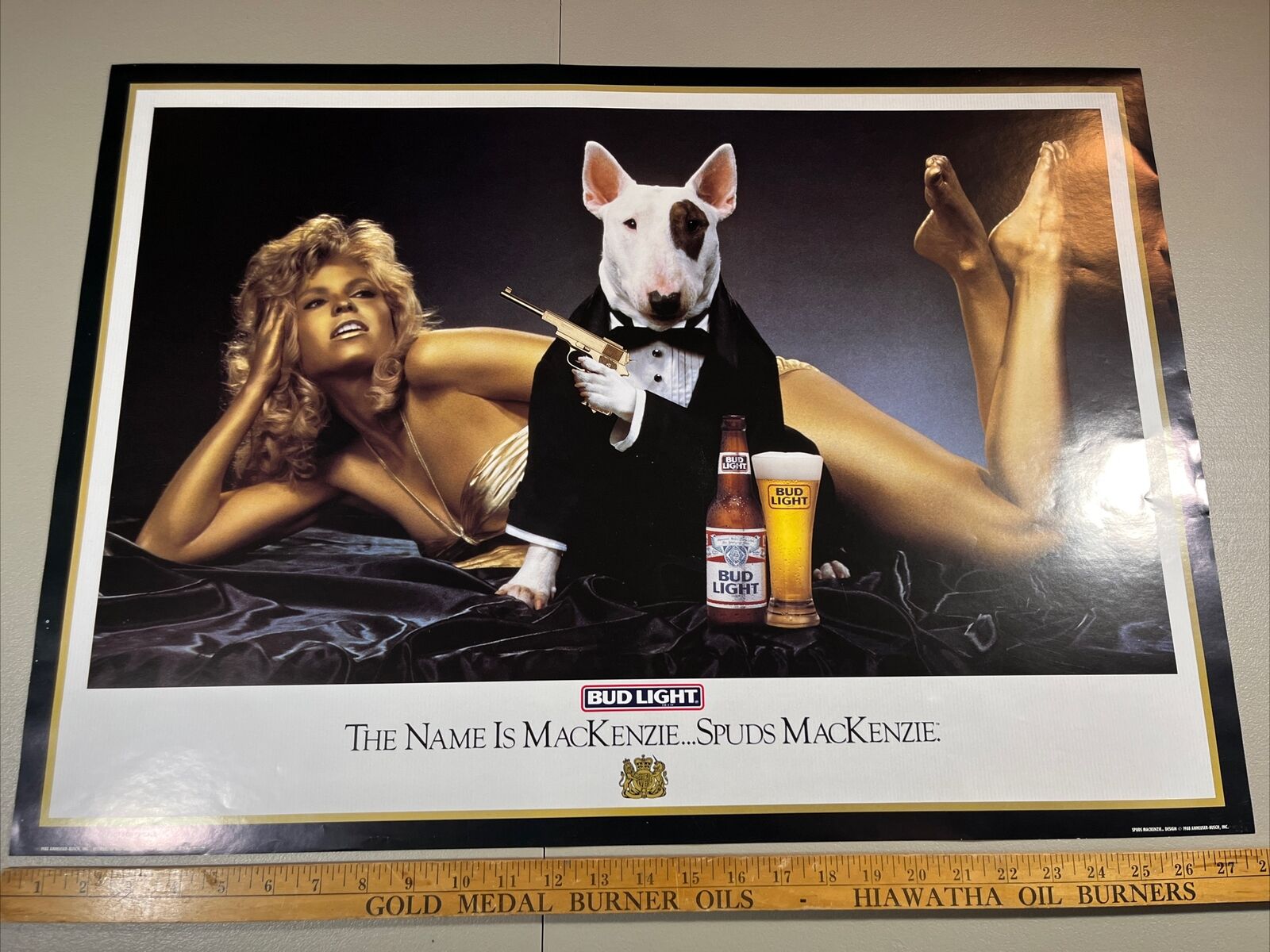 1988 Bud Light Spuds Mackenzie Poster Dog James Bond Golden Woman Man Cave VTG
