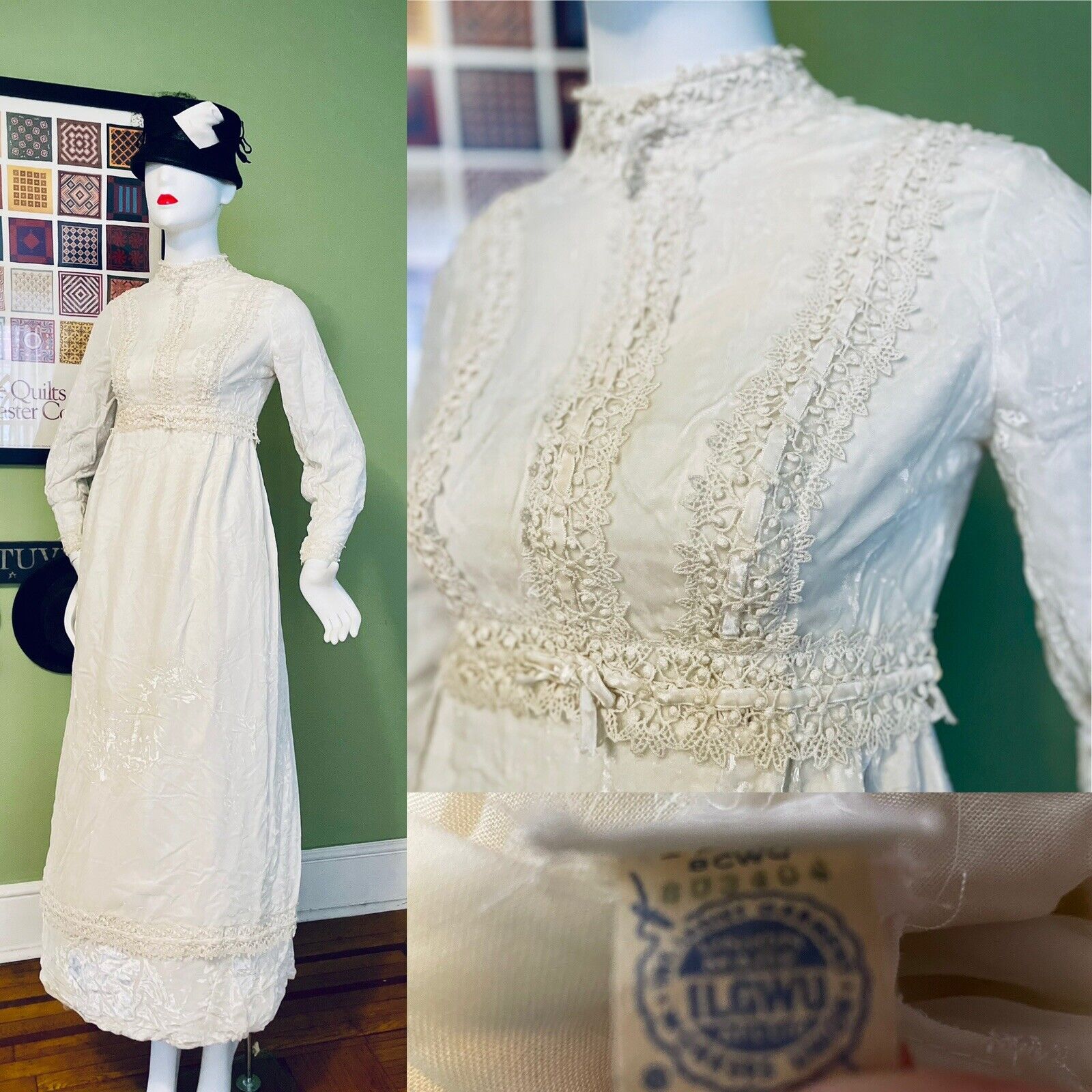Vtg 1960s Romantic Hippy Empire Wedding Dress Lux Velvet Crochet Lace 36 M Party