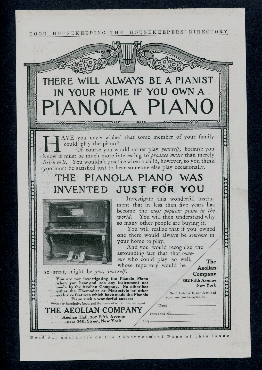 1908 Aeolian Pianola Piano Ad Print -There will always Be a Pianist in Your Home