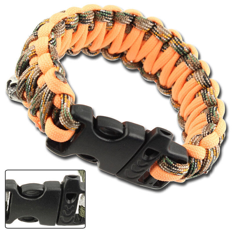 Skullz 550 Paracord Survival Bracelet  Orange + Woodland Camo, With Whistle