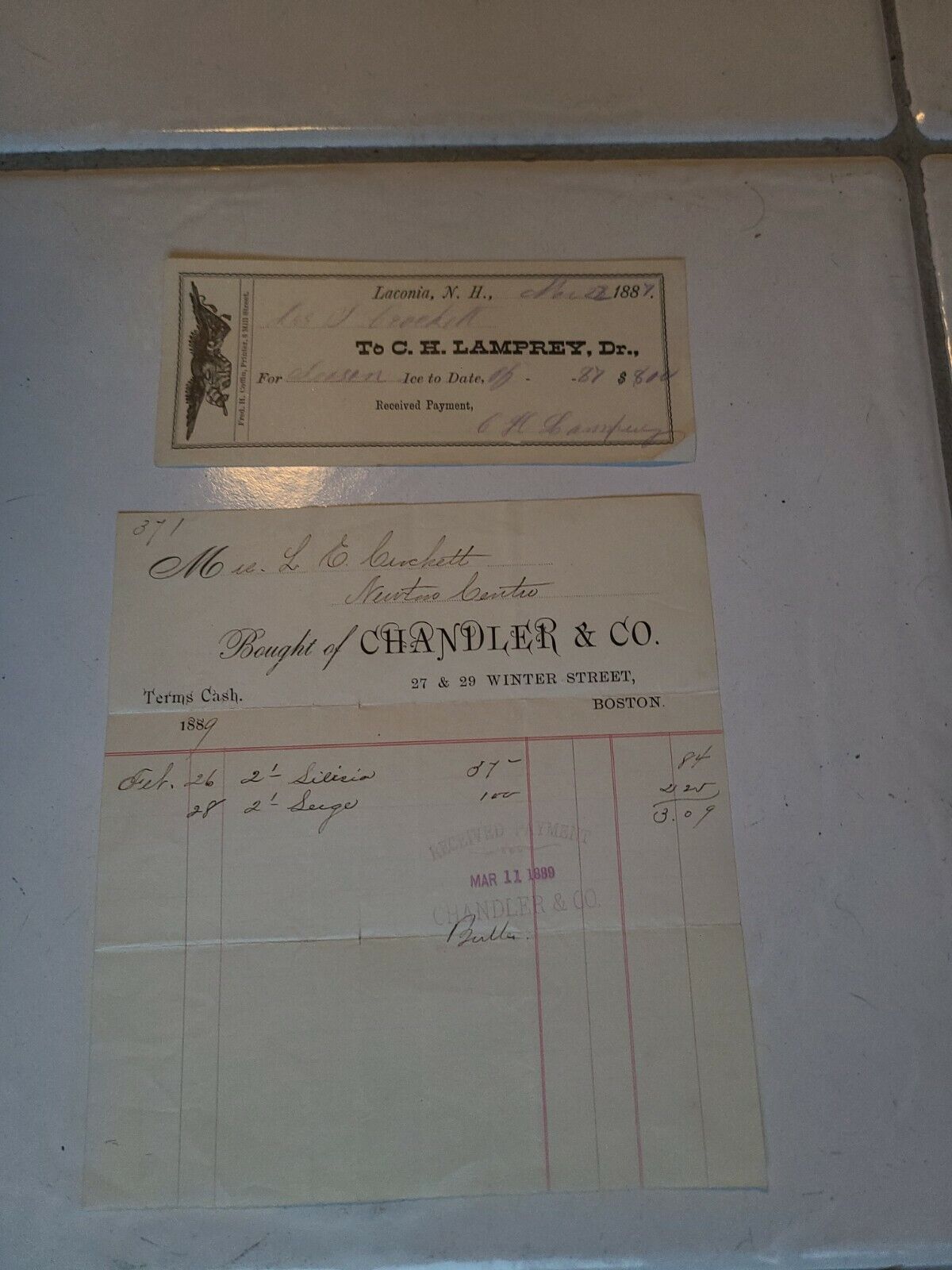 Vintage Paper Receipts 1887 & 1889 Chandler & Co. C.H. Lamprey, Dr. Laconia