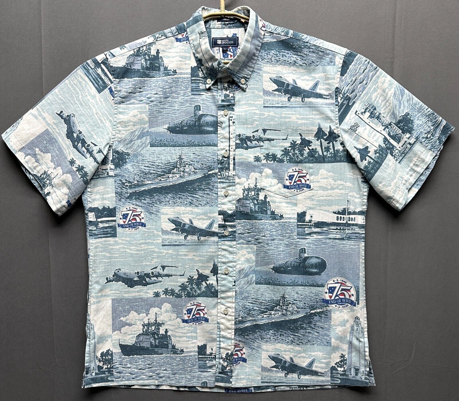 Reyn Spooner Shirt Mens Large Blue WWII 75th Anniversary Classic Hawaiian Button