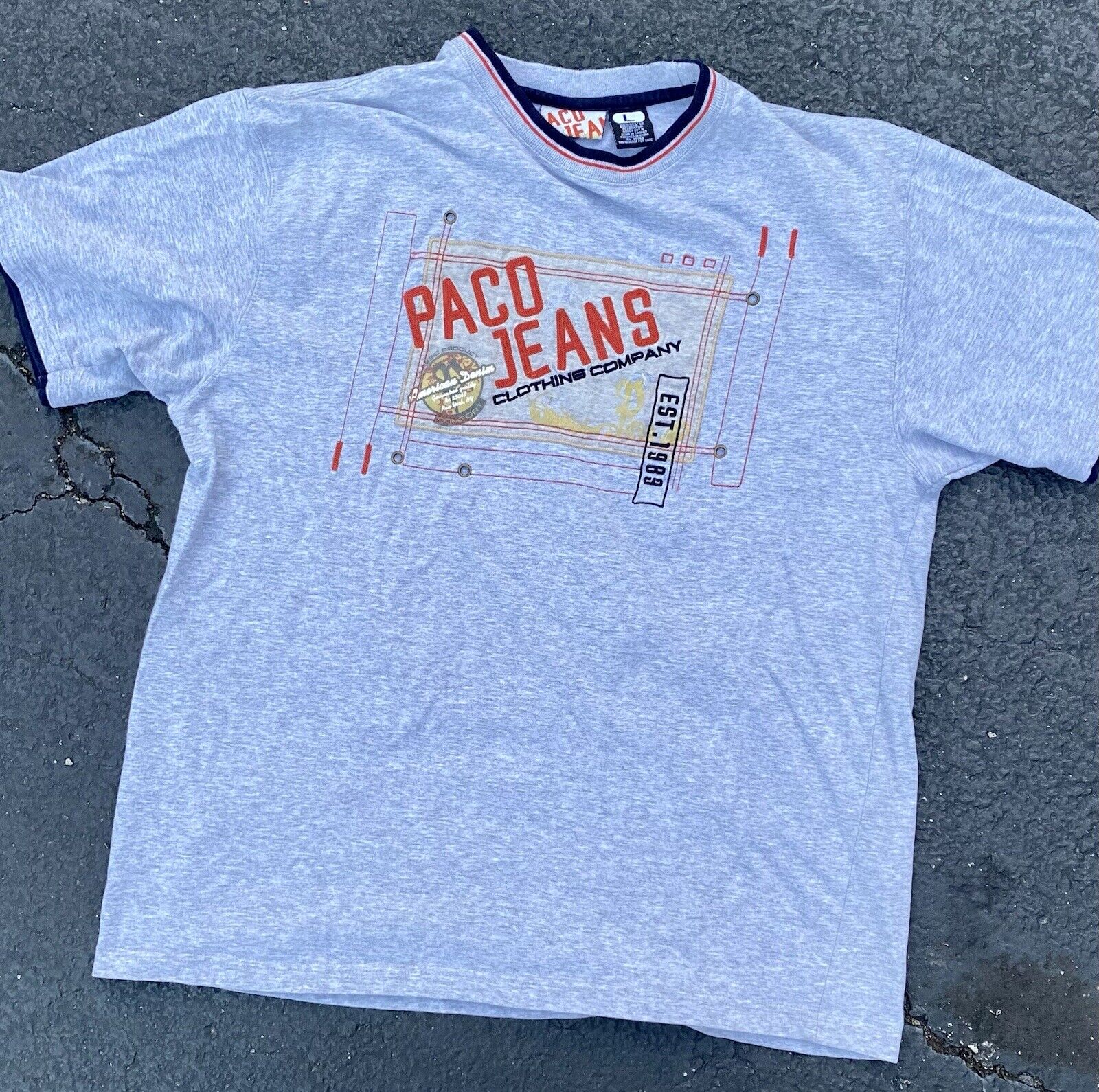 Vintage Paco Jeans 1990\'s Gray Street Fashion Ringer T-Shirt ~ Men’s Size Large 