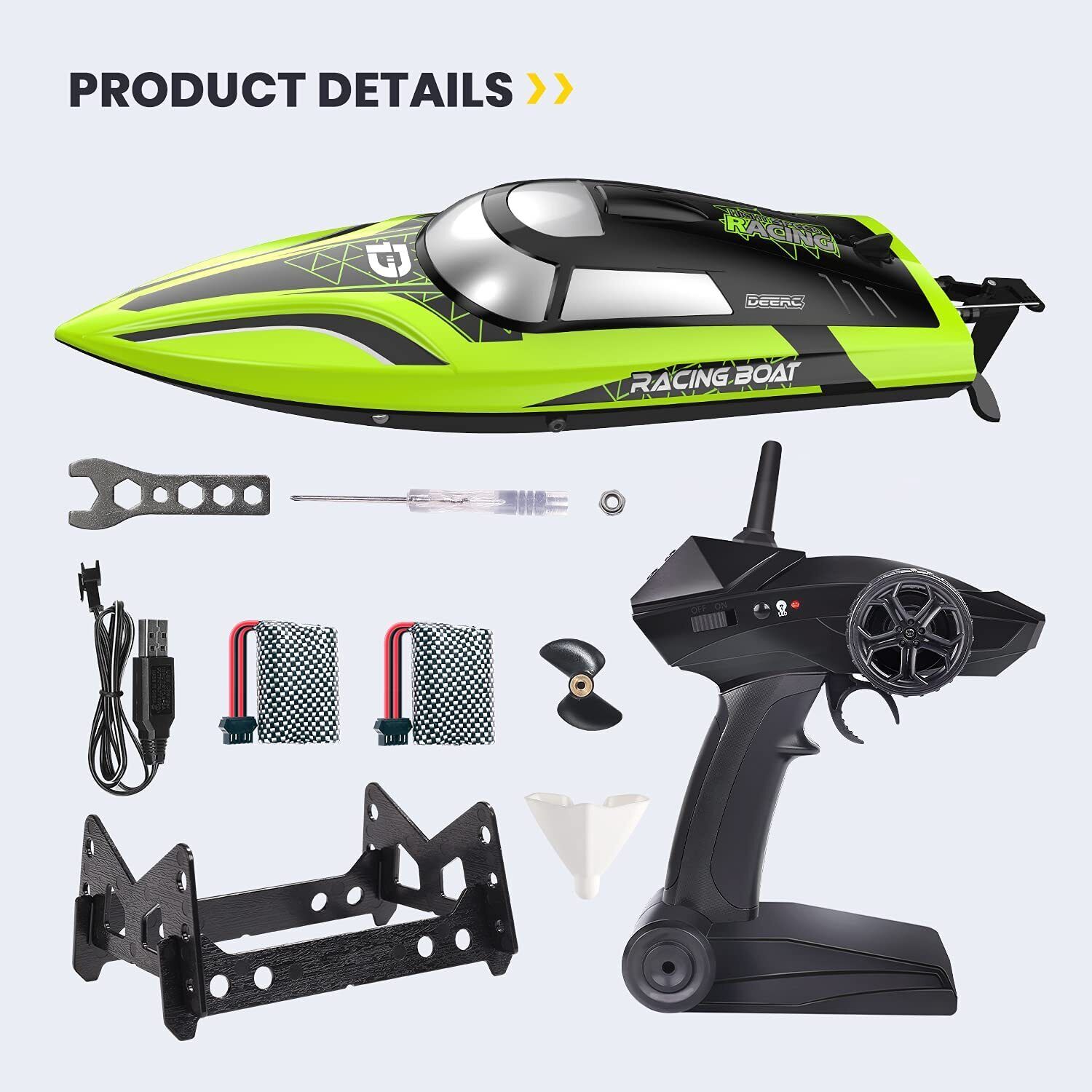 DEERC 2.4GHz RC Electric Boat High Speed Remote Control Boat 30Min Racing Boat