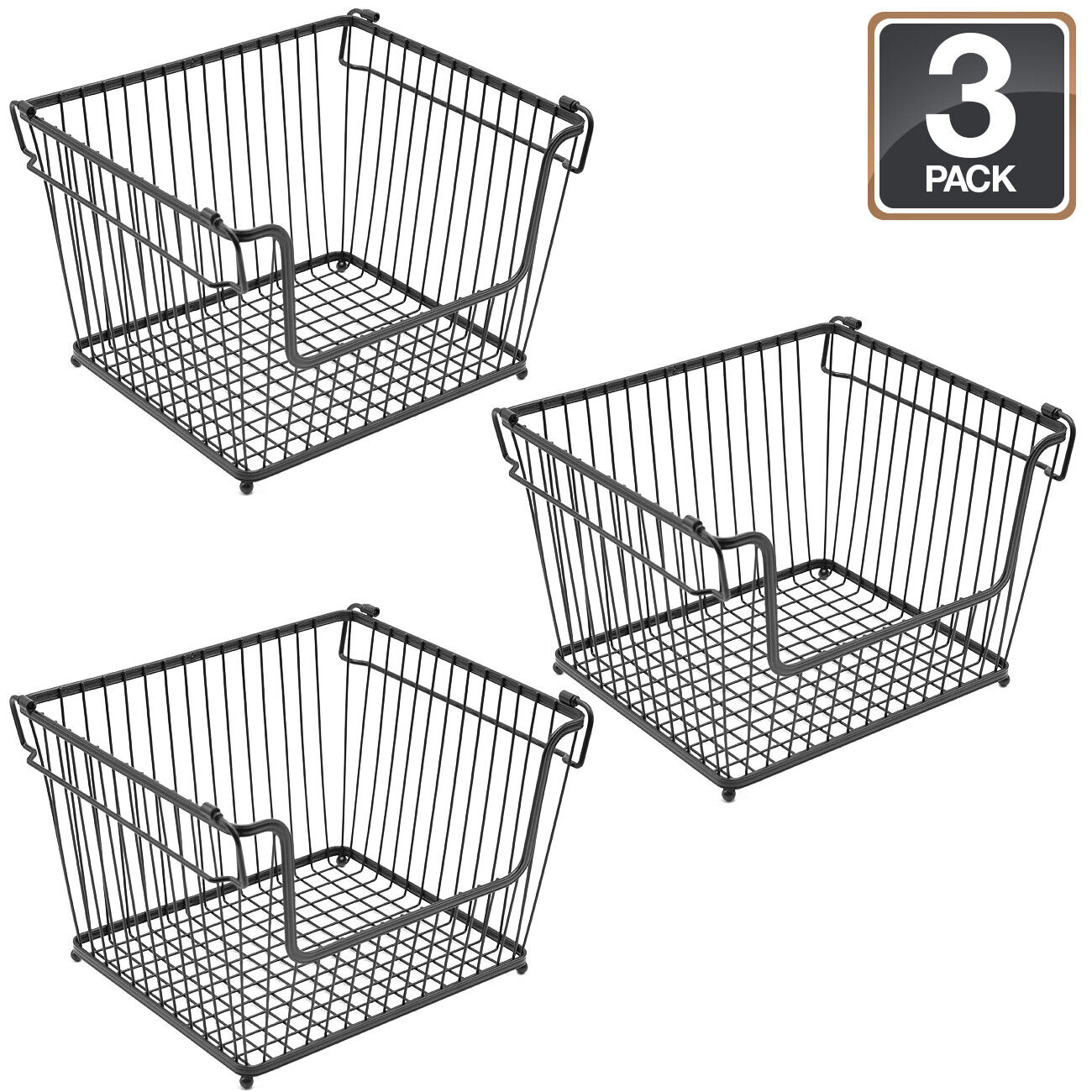 3-Pk Farmhouse Wire Metal Basket Bin - Stackable Storage for Home Kitchen Pantry