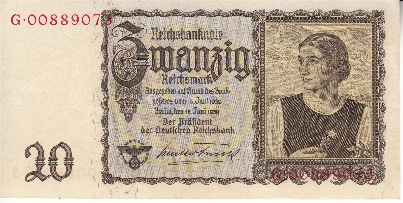 Currency Germany 1939 WW2 Fascism War Era Reichsmark Zwanzig 20 Uncirculated