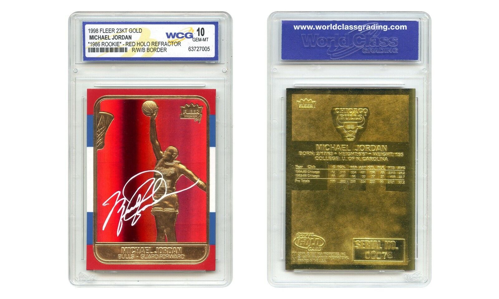 MICHAEL JORDAN 1998 FLEER 23K Gold Card RED PRIZM Rookie Design Refractor GM 10