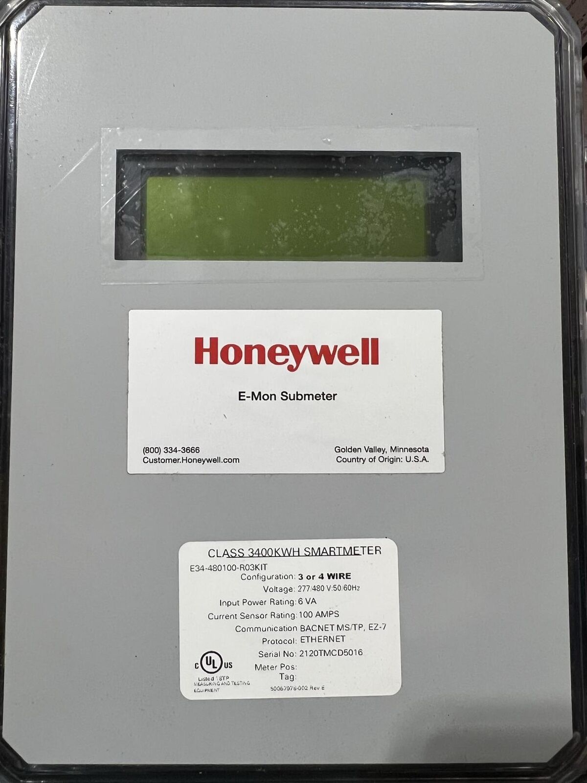Honeywell E34-480100-R03KIT / Class 3400 kWh Submeter, 480V, 100A, NEMA 4X