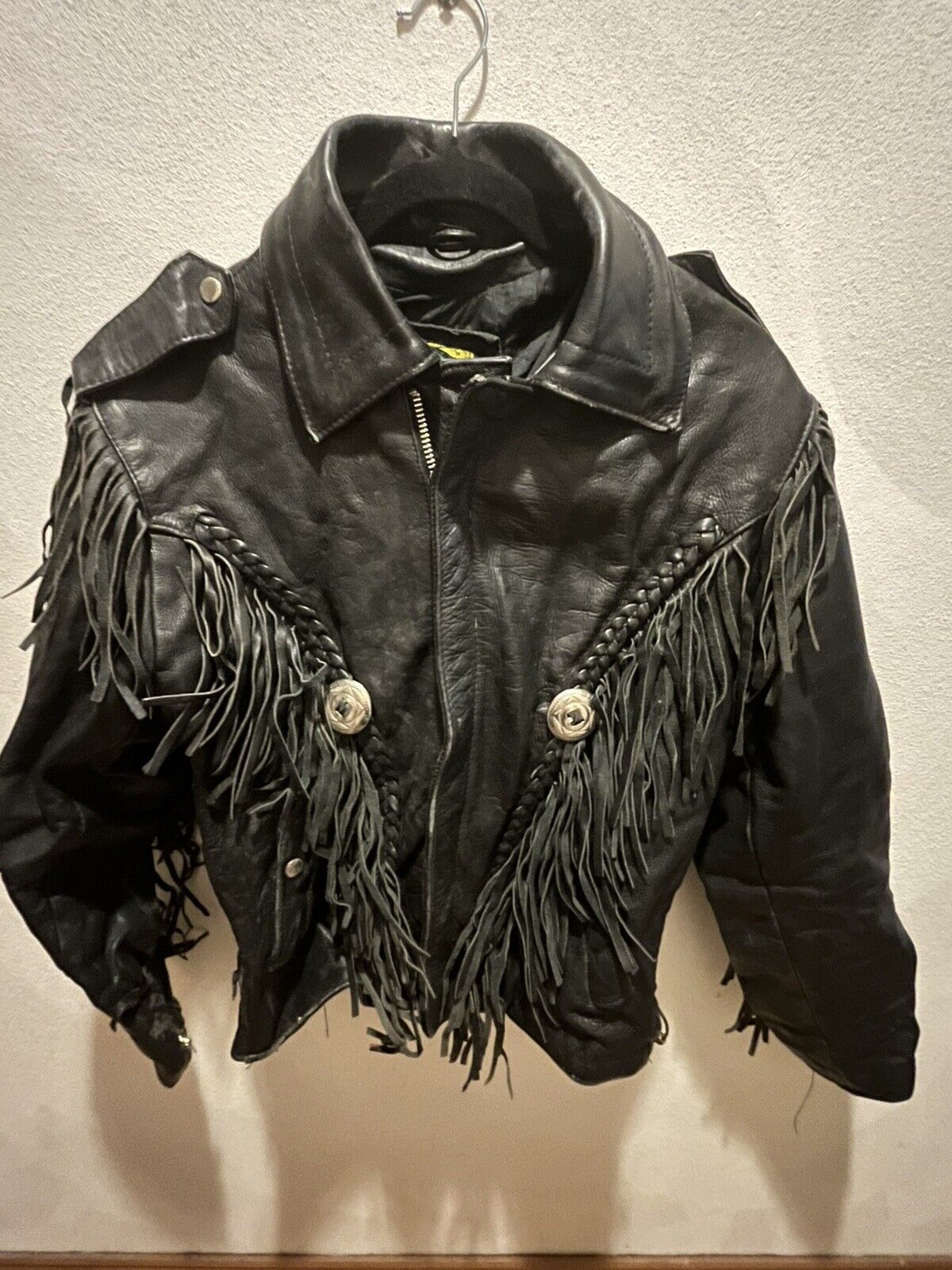 Vintage Putnam Black Leather Bikers Jacket W/Fringe Men’s Size 42