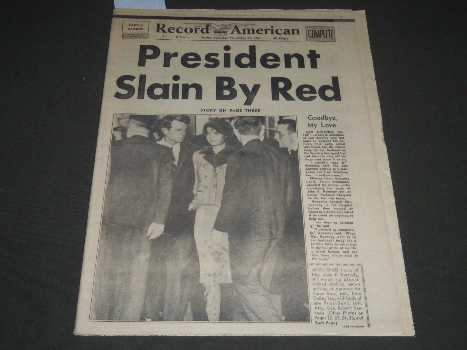 1963 NOV 23 BOSTON RECORD AMERICAN NEWSPAPER - PRESIDENT SLAIN BY RED - NP 2390