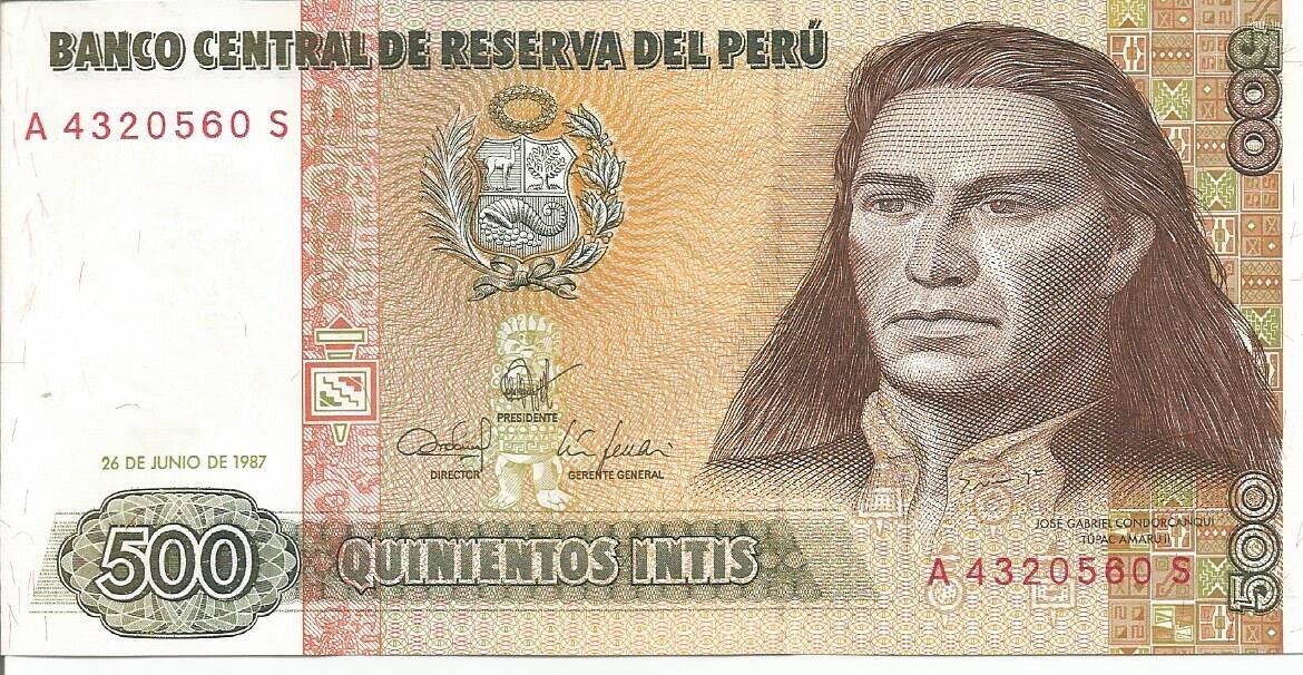1987 BANCO CENTRAL DE RESERVA DEL PERU 500 QUINIENTOS INTIS BANKNOTE UNC. # 2