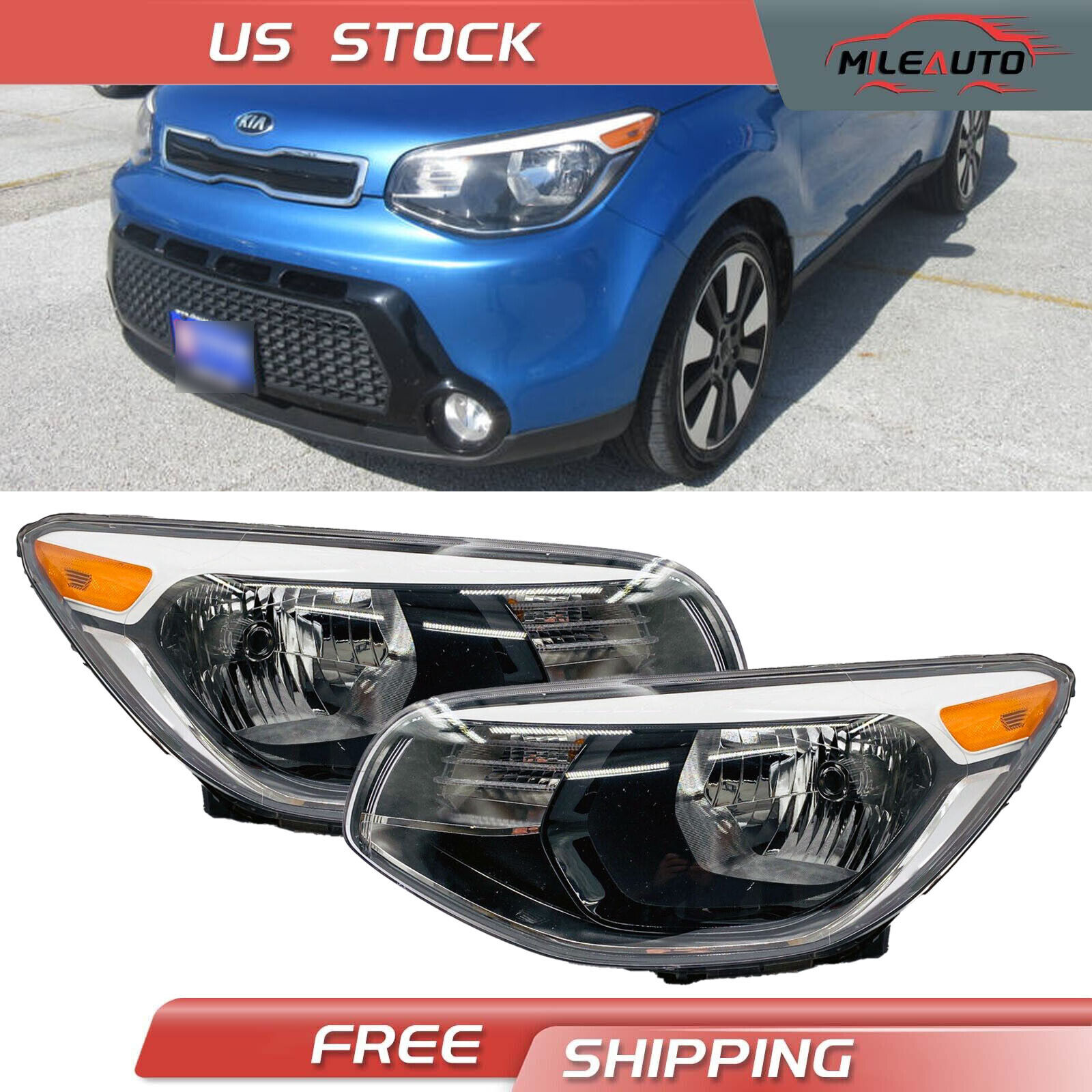 Pair Halogen Headlights Headlamps Assembly For 2014-2019 Kia Soul Left+Right