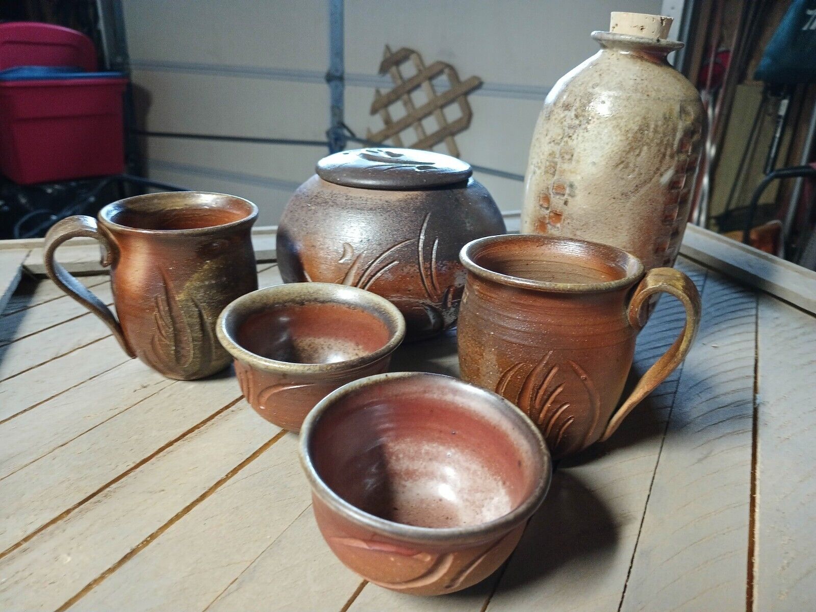 Vintage Japanese Anagama Wood Fired Ceramic Sake Set + Made in Corning N.Y.