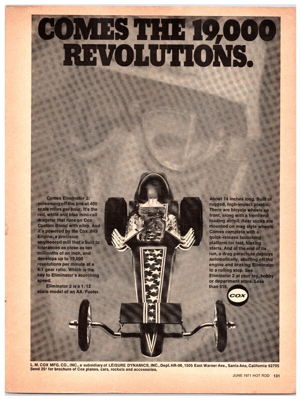 1971 COX Eliminator 2 Dragster Car - Original Print Ad (8x11) - Advertisement
