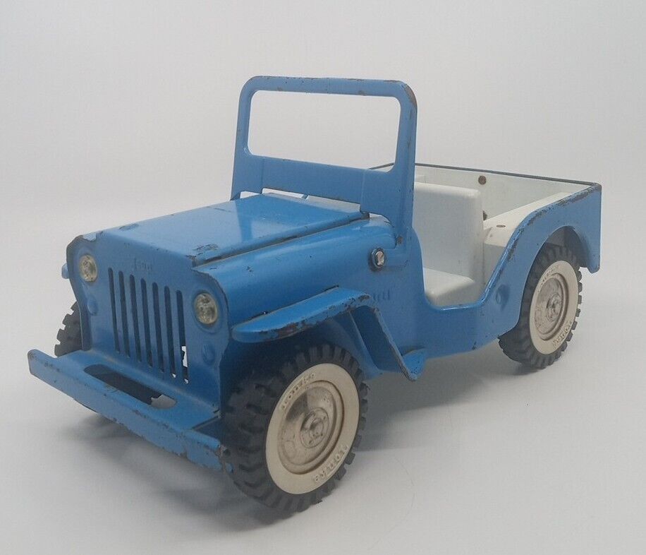 1960s Tonka Toys Jeep CJ in Blue White Interior - Made In USA