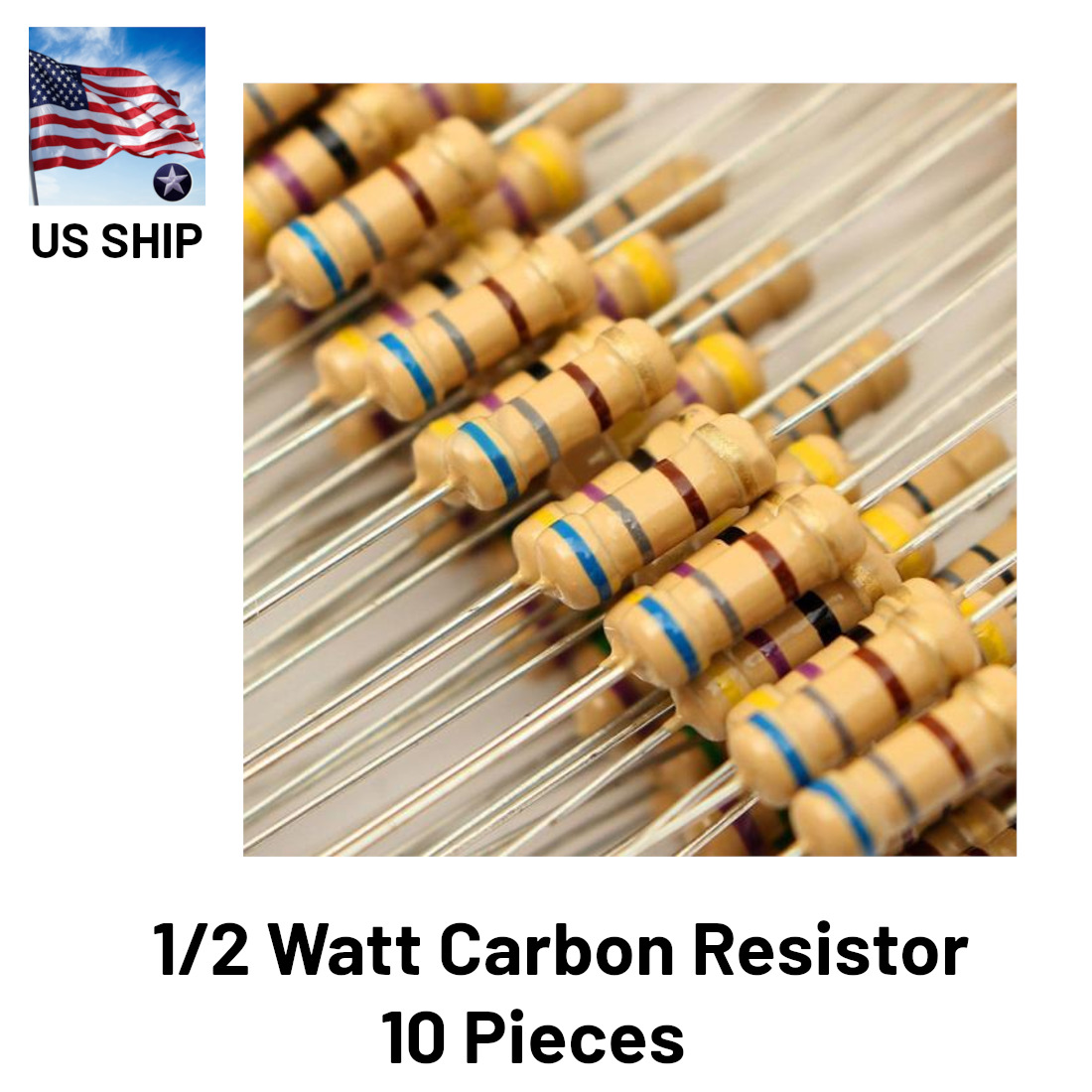 Carbon Film Resistor 1/2W 0.5 Watt 5% Tolerance | 10 Pieces | US Shipping