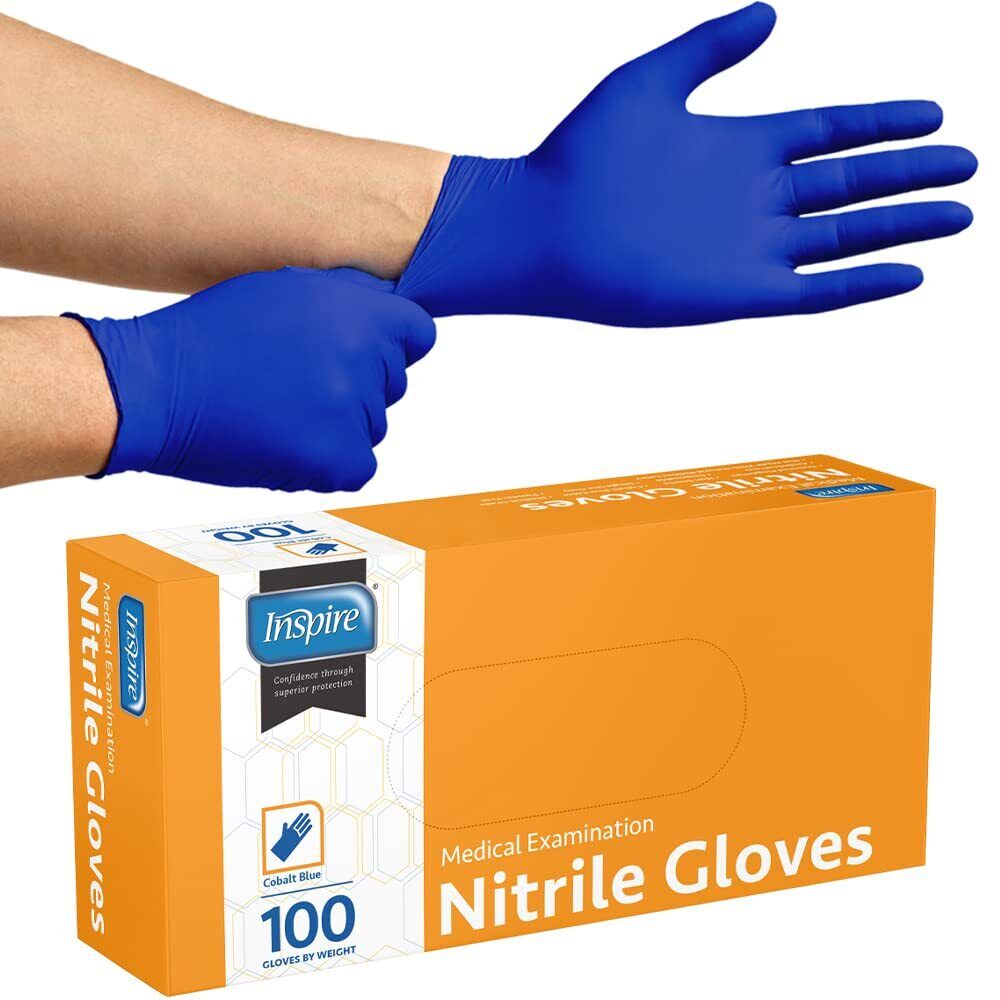 Inspire Cobalt Blue Exam Grade Nitrile Gloves Size Medium Box of 100
