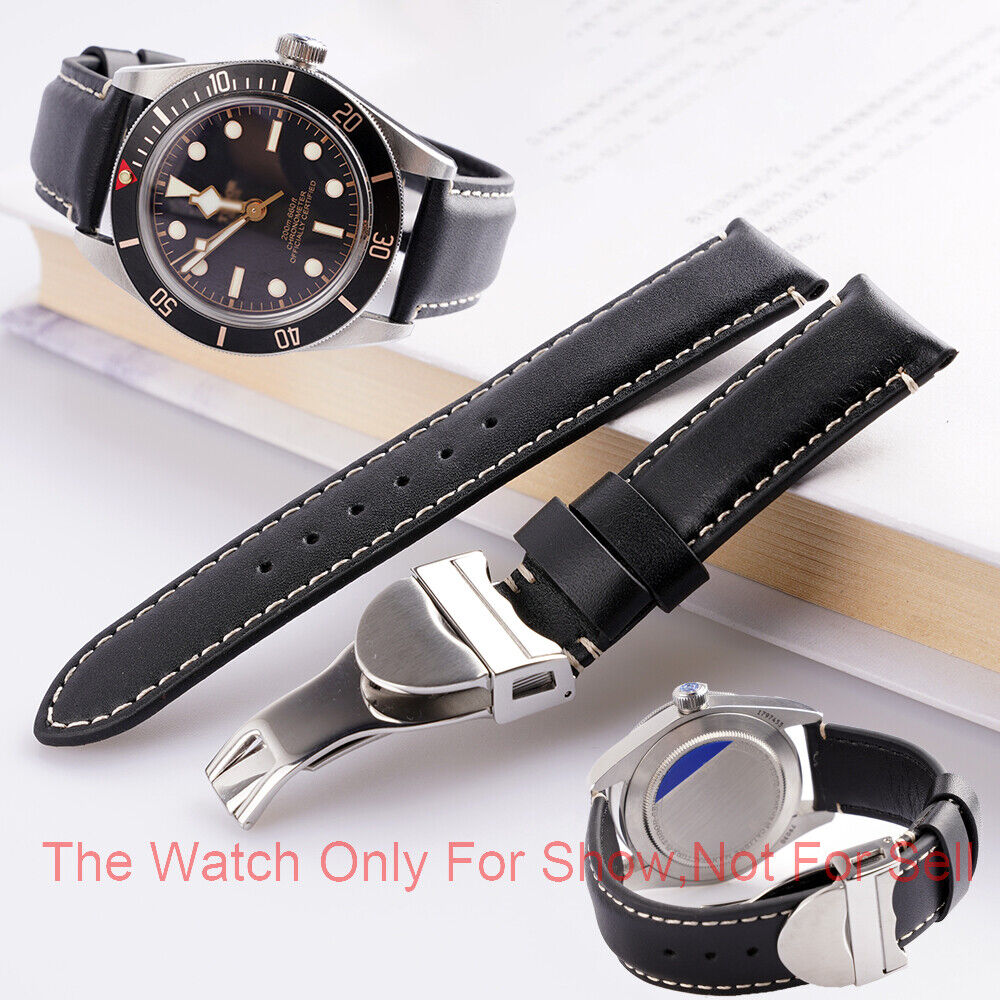 20mm Black Real Leather Wrist Watch Band With Silver Clasp For Tudor black bay