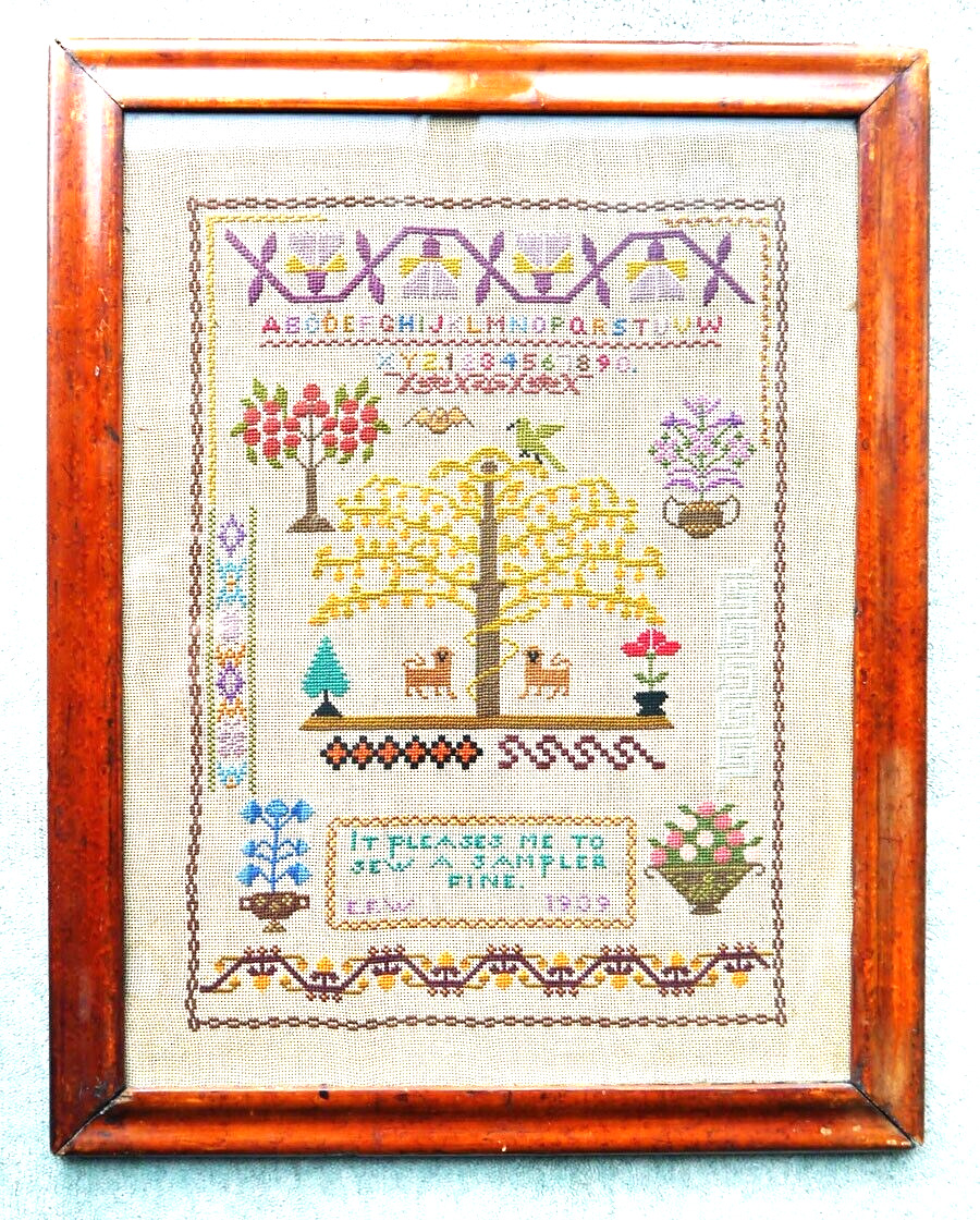 Very Pretty Antique Floral Garden Themed Sampler in Maple Frame EFW 1909