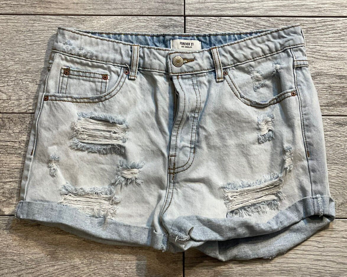 Forever 21 Denim Jean Shorts Sz 26 Button Fly Distressed High Rise light wash
