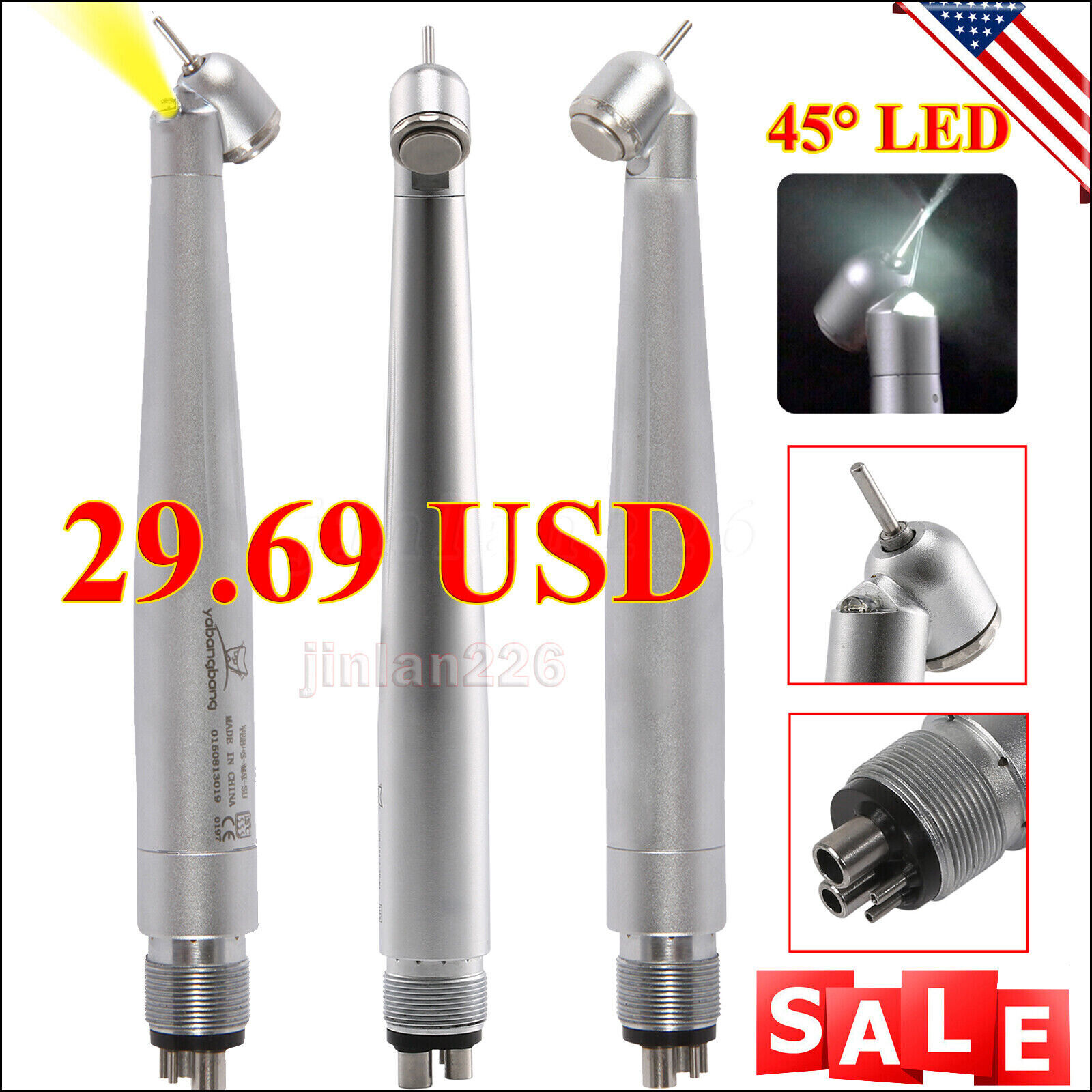 NSK Style Dental LED 45° Degree Surgical High Speed Handpiece Push Button 4 Hole