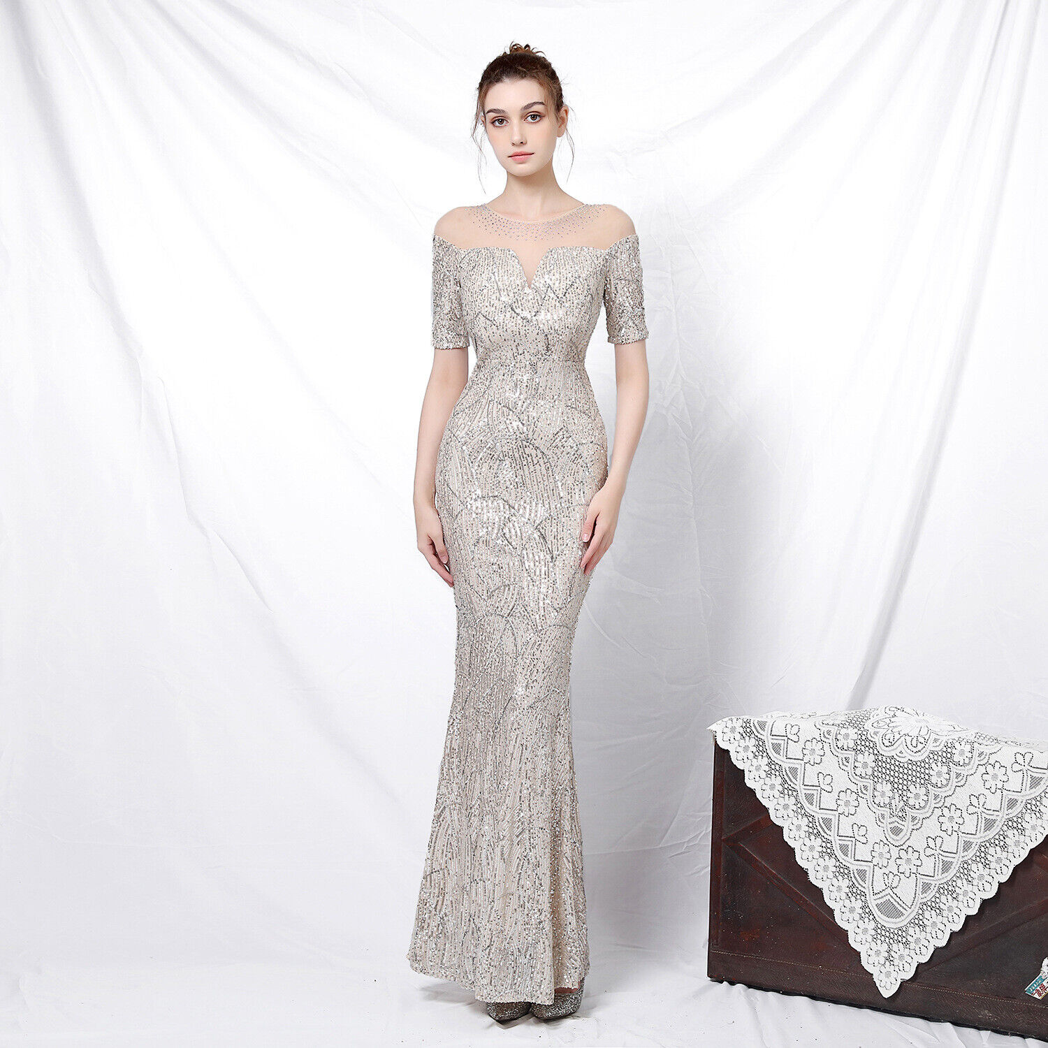 Long Formal Evening Party Dress Sequins Mermaid Gown Prom Pageant Silver