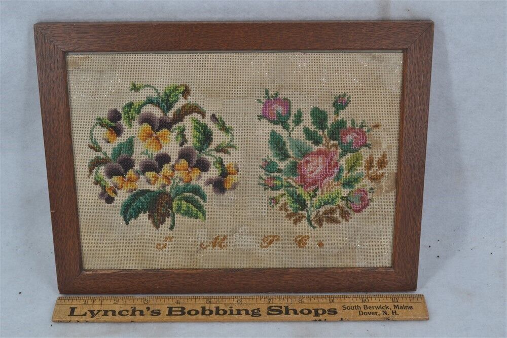 antique punched paper beaded sampler floral framed design 9x12 original 19th c 