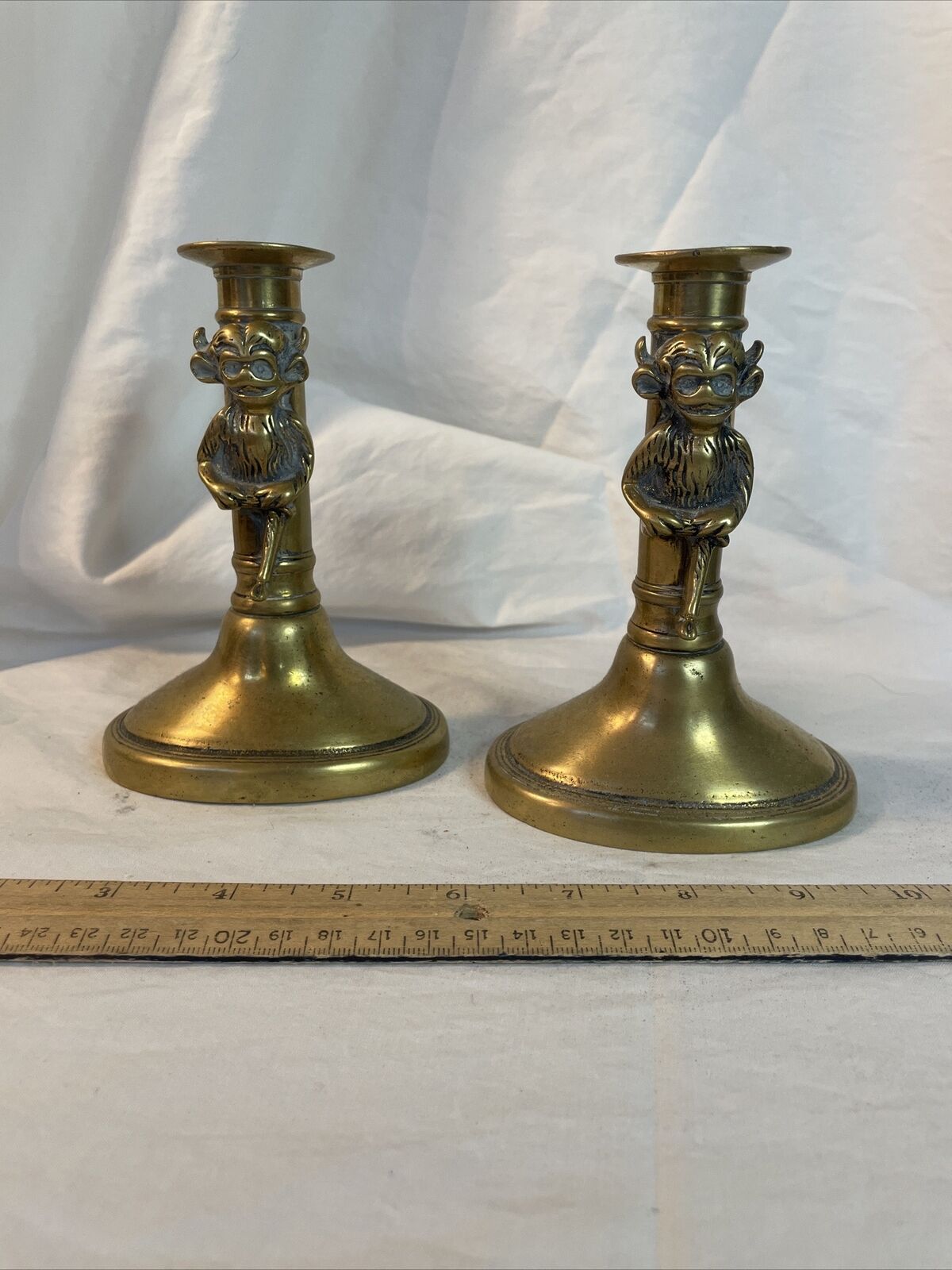 Rare Mid 18th Century Pair of Heavy Brass Lincoln Imp Candlesticks The Devil 