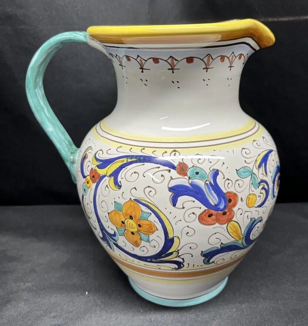 Vintage Deruta Hand Painted Pottery Pitcher Floral Pattern Made In Italy.