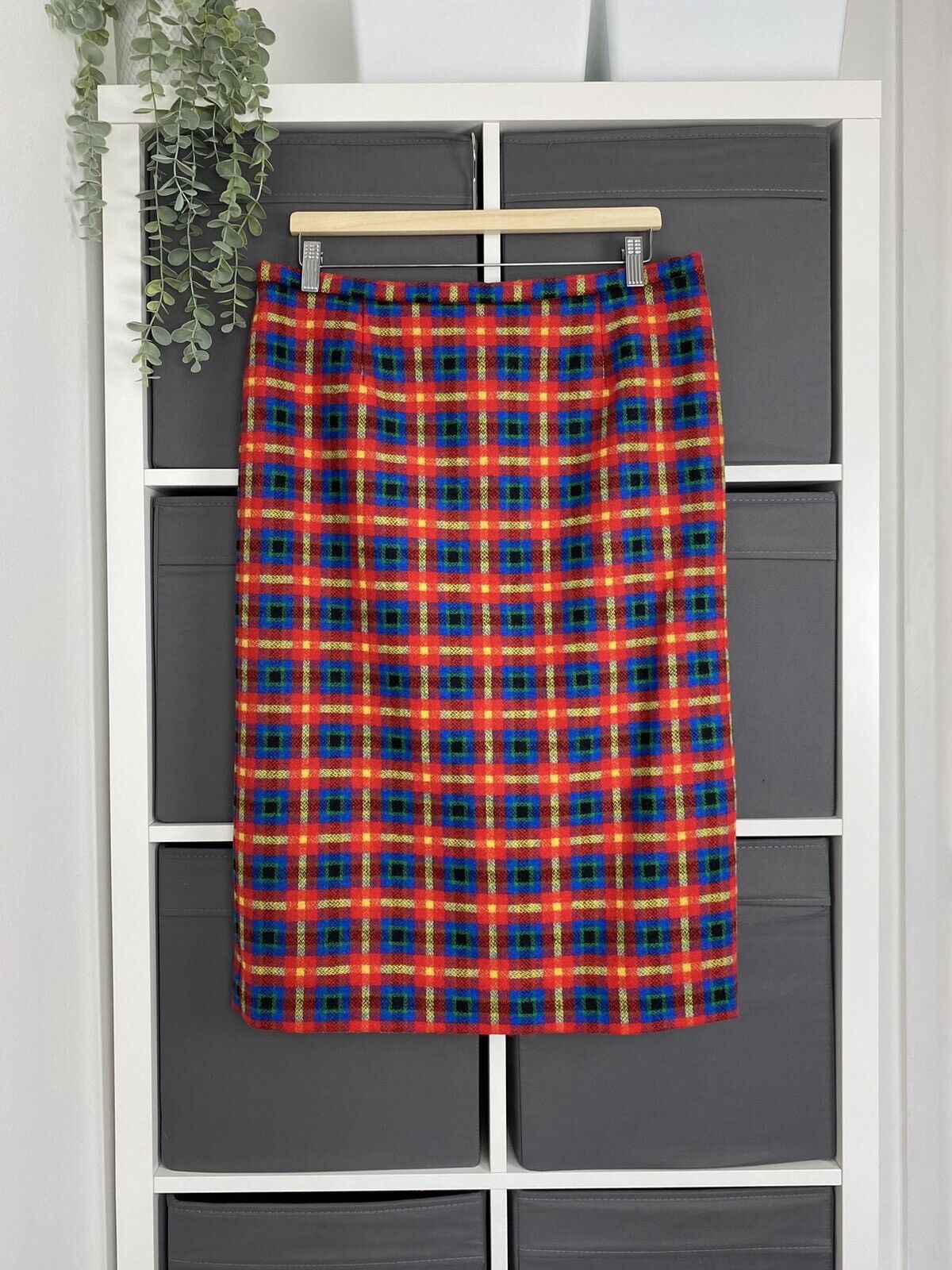 Vintage Wool Straight Pencil Skirt Fits 16 Bright Check Lined Tweed Twill