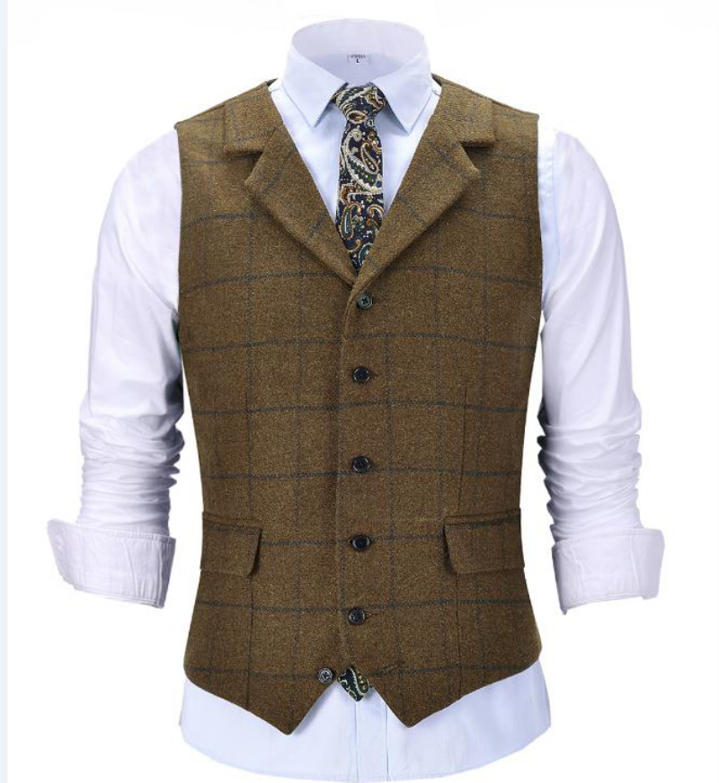 Mens Tweed Wool Vest Retro Windowpane Plaid Vintage Formal Vests M Large XL XXL