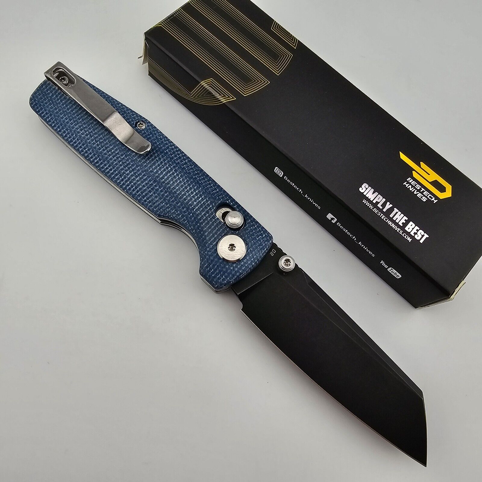 Bestech Knives Slasher Folding Knife Blue Canvas Micarta Handles D2 Sheepsfoot