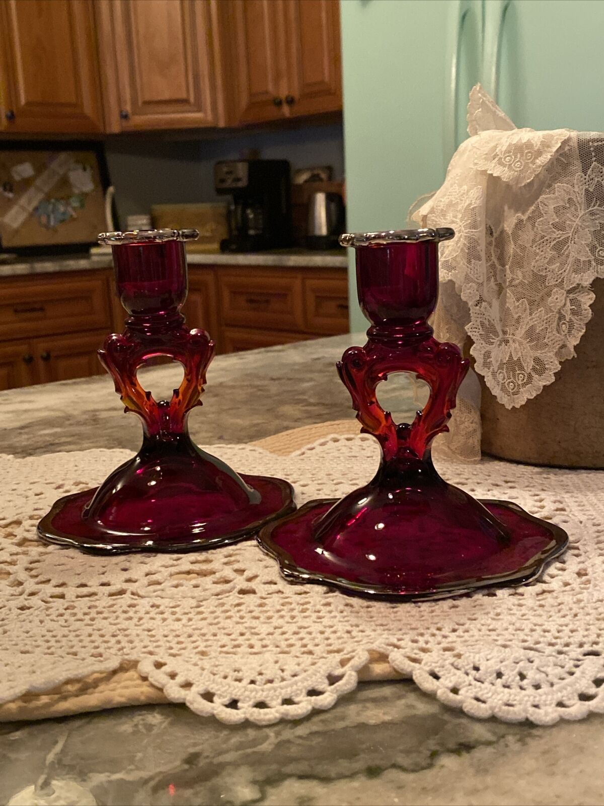 Vtg Keyhole Red Glass Candlesticks Silver Trim Beaumont #115 Scalloped Pair