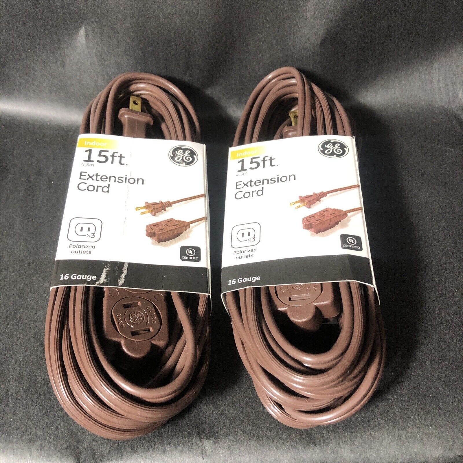 2- GE 15-Feet Polarized Indoor Extension Cord with Tamper Guard, Brown BW4