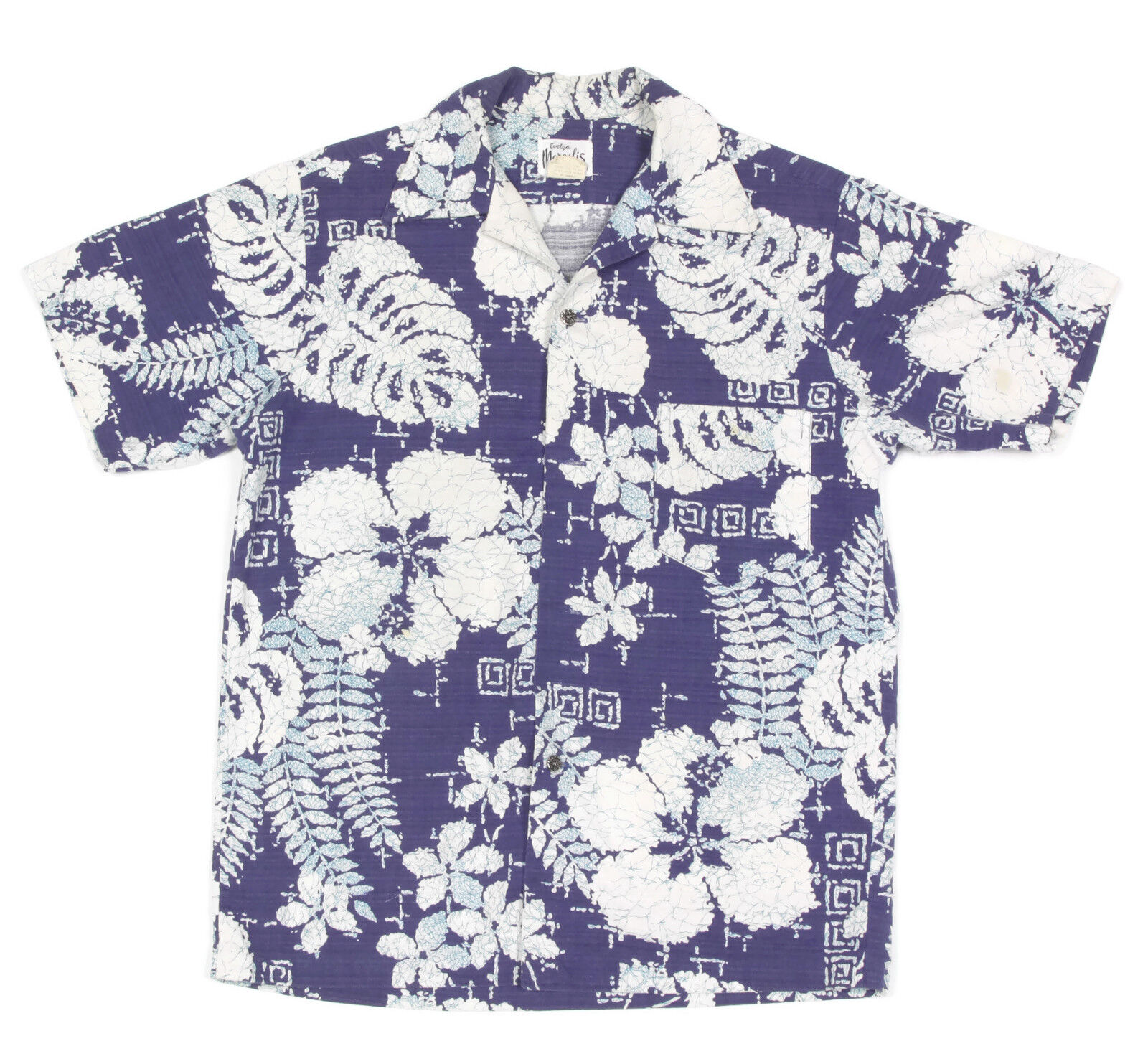Margolis Vintage 1960s Hawaiian Shirt Blue White Flower Short Sleeve sz M/L 2735