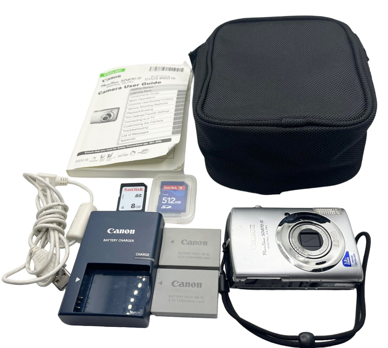 Canon PowerShot SD870 IS ELPH 8MP Digital Camera 2 Batteries Charger Memory Card