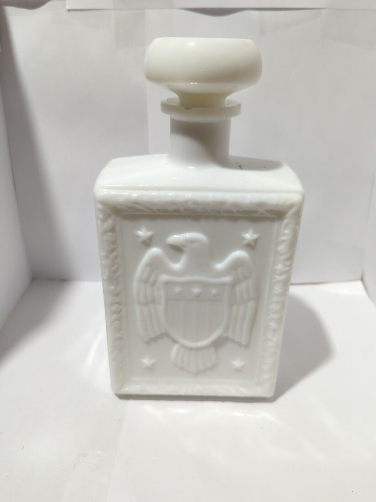 Vintage Americana Boston Tea Party Milk Glass Decanter with Stopper 1960