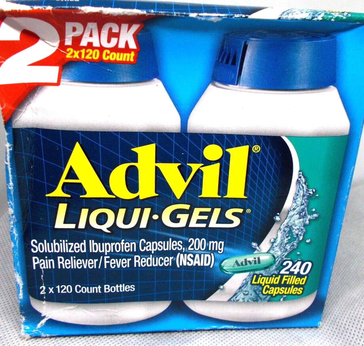 Advil liqui gels ibuprofen 200 mg liquid filled cap 240 e 9/25 sealed box damage