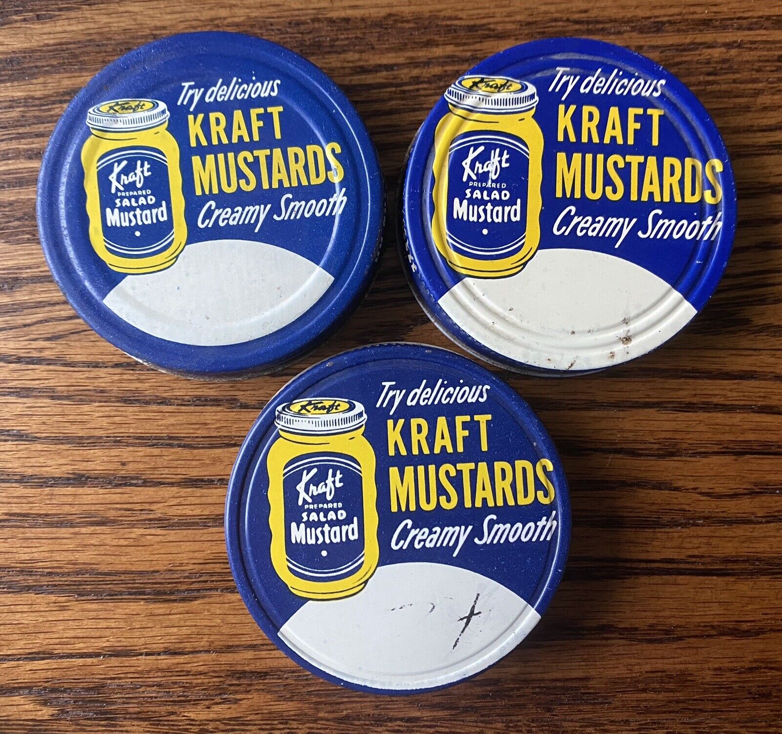 Vintage 1950s 60s  Kraft Mustard Metal Lids Lot Of (3) Creamy Smooth