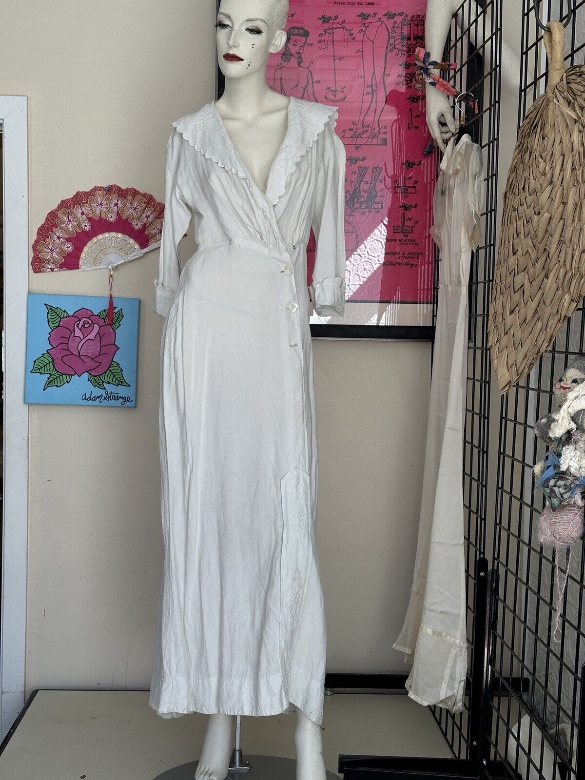 Antique White Linen Dress-Edwardian Wrap embroidered Sailor Collar-Vintage-Small